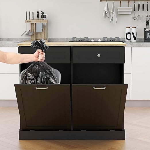 RASOO Double Tilt Out Trash Can Cabinet Freestanding Laundry Hamper Wooden Tabletop with 2 Drawers Kitchen Garbage Can for 10 Gallon, Black