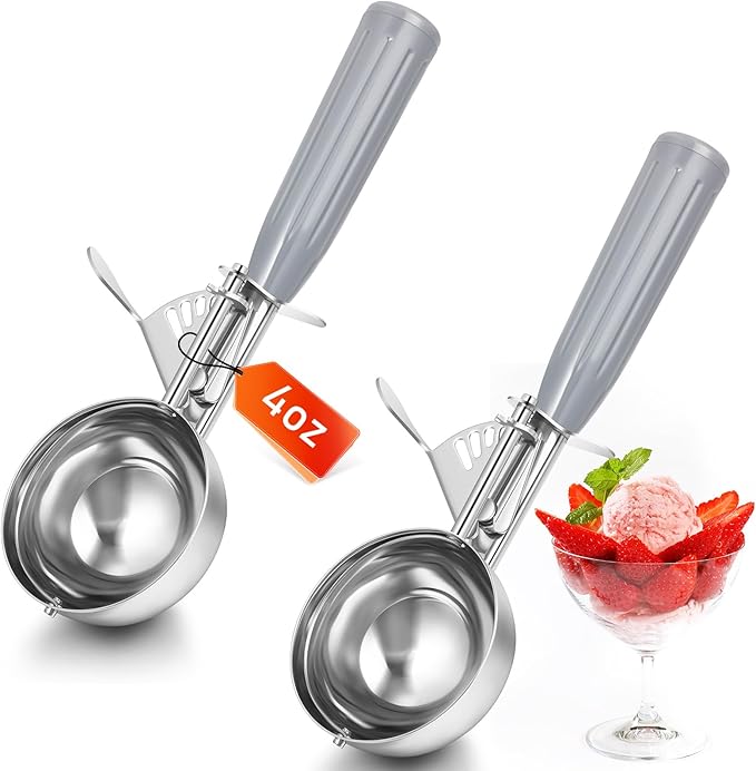 Reallnaive 2 Pcs Release Cookie Scoops Ice Cream Scooper with Trigger Release Portion Scoop Stainless Steel for Portion Control, Baking Food, Cookie Dough (4 oz,Gray)