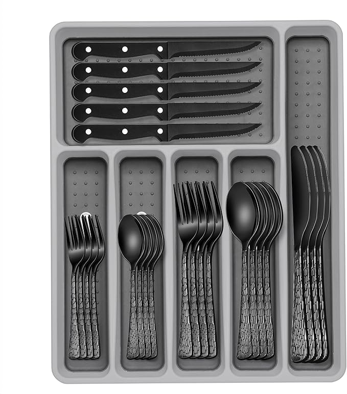 49-Piece Black Silverware Set with Organizer, Food-Grade Stainless Steel Black Flatware for 8, Cutlery Utensil Sets with Steak Knives, Rust-proof, Mirror Polished, Dishwasher Safe, Tree Pattern