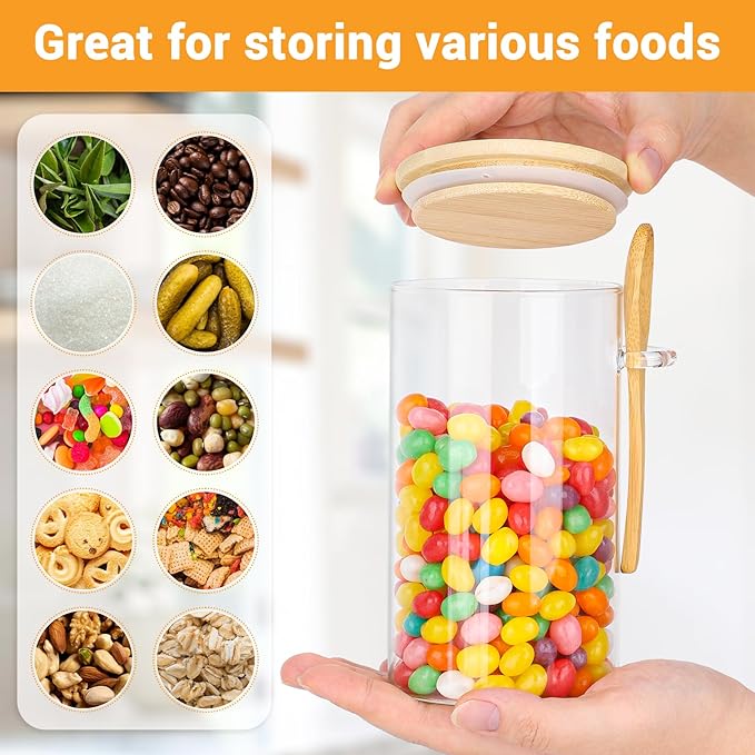 Glass Jars with Bamboo Lids and Spoon - 6 Pack 23 Fl.oz Glass Canisters Set with Airtight Lids, Labels and Marker, Loose Leaf Tea Jar Clear Pantry Storage Containers for Bean, Oats, Cereal