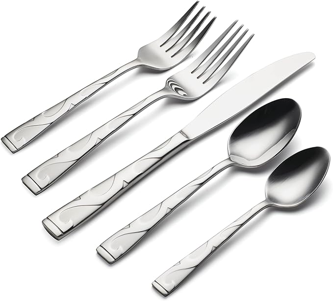 Oneida Silverware Set For 8, Tuscany 45-Piece Everyday Flatware Set with Serving Utensils, Service For 8, 18/0 Stainless Steel, Dishwasher Safe, Knives Spoons And Forks Sets, Dining (Silver, 45 Piece)