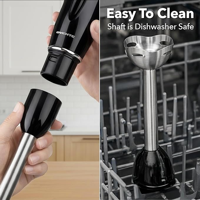OVENTE Immersion Hand Blender, 300W Electric Handheld Stick Mixer with 2 Mixing Speeds and Stainless Steel Blades for Smoothies, Purees & Baby Food, Black HS560B