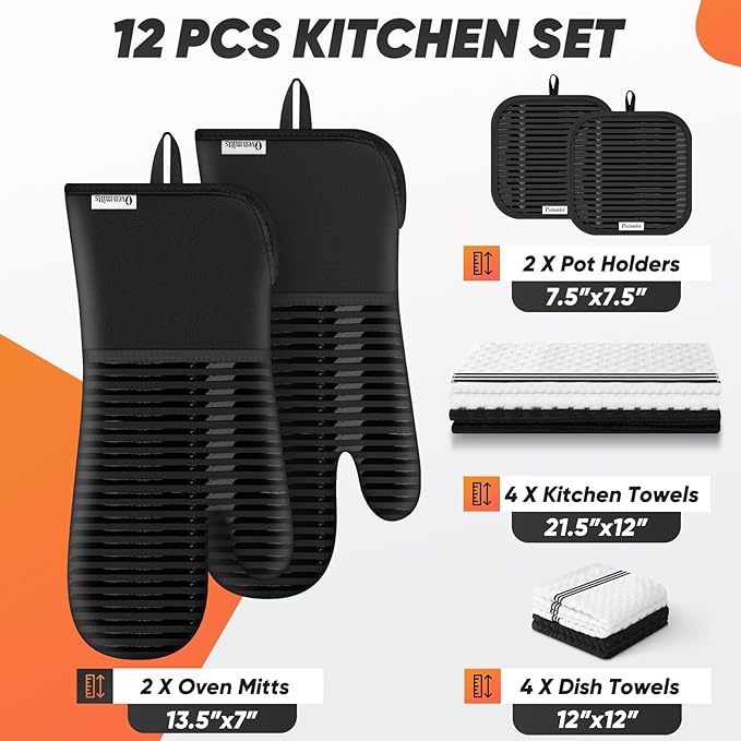 Oven Mitts Kitchen Towels and Dishcloths with Pot Holders Sets, Oven Gloves Hot Pads 500°F Heat Resistant with Silicone Grip, Include 2 Cooking Gloves/2 Potholders/4 Kitchen Towels/4 Dish Towels