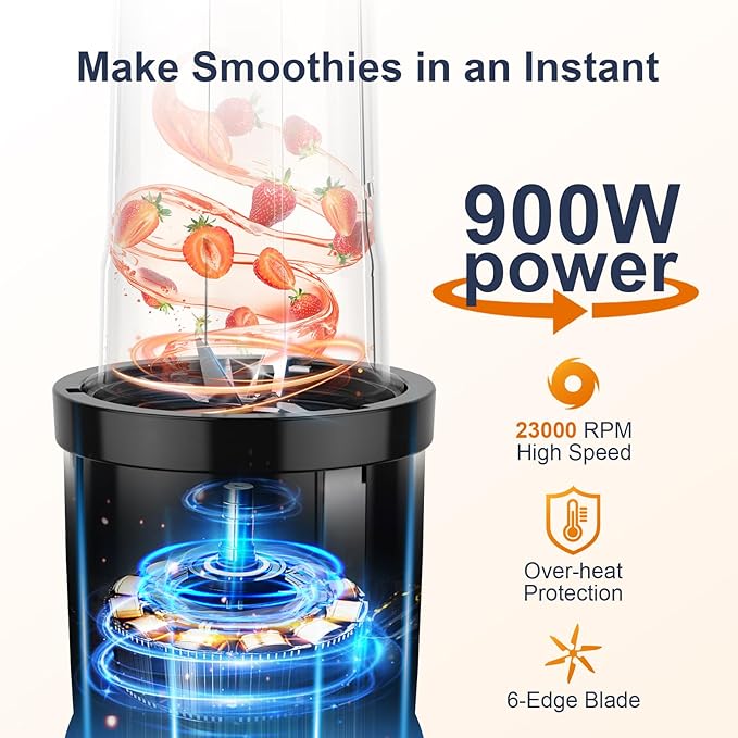 KOIOS Smoothie Blender, 900W Personal Blender for Shakes and Smoothies for Kitchen with 2 Portable Cups 22oz, Single Serve Smoothies Maker Mixer for Juices, Nutritious Recipe, Silver