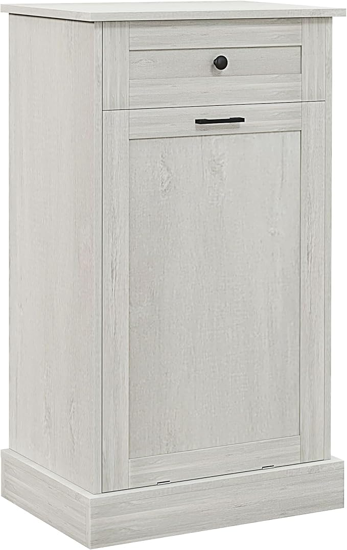 HOMCOM 10 Gallon Tilt Out Trash Cabinet, Wooden Hidden Trash Can with Storage Drawer for Kitchen, Laundry Hamper Cabinet for Bathroom, Light Gray