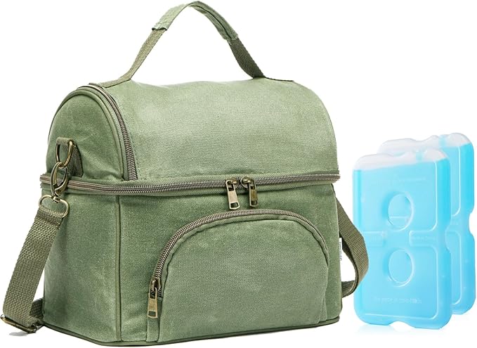 Lunch Box with Ice Packs, Waxed Canvas Lunch Bag for Men, 10.5L Leakproof Insulated Lunch Cooler for Men Work, Dual Compartment Soft Cooler for Work, Camping, Beach & Road Trips