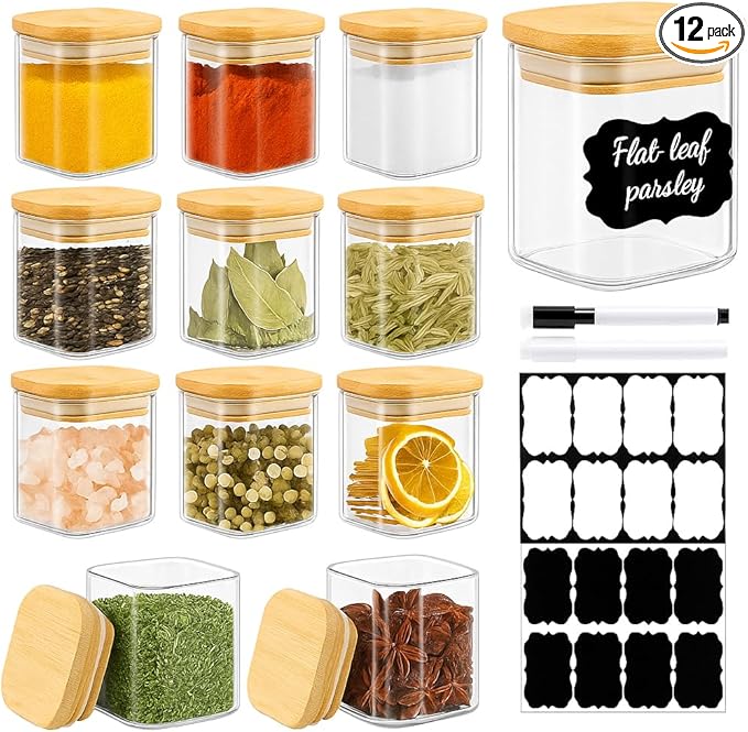 TBWIND 12 Pack 4 oz Square Glass Spice Jars with Lids and Labels – Airtight Small Seasoning Containers Set, Clear Glass Storage Jars for Seasoning, Spices, Kitchen Pantry Organization