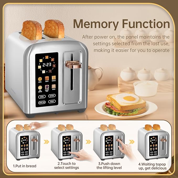 SEEDEEM Toaster 2 Slice, Full Touch Control Stainless Toaster, LCD Display, 50% Faster Heating Speed, 6 Bread Type, 7 Shade Setting, 1.5''Wide Slots, Removable Crumb Tray, 1350W, Silver Metallic