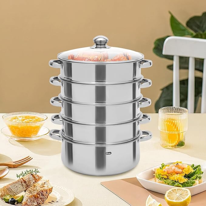 Stainless Steel Steamer Glass Lid, 5-Layer Cooking Steamer Set, Overlapping Design, ø 28cm /11 Inch, Suitable for Induction Cooktops, Electric Cooktops, Gas Cooktops