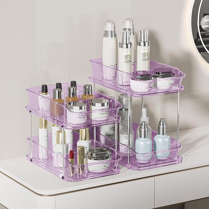 Delamu 2-Tier Under Sink Organizers and Storage, Multi-Purpose Stackable Bathroom Cabinet organizers, Pull Out Kitchen Pantry Organization and Storage with Dividers(2 Pack, Purple)
