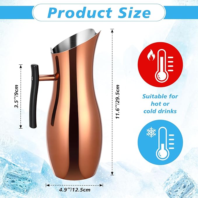 Funnymoom 2 Pcs 2 L Stainless Steel Water Pitchers with Lid Removal Ice Guard Handle Modern Metal Water Pitcher Hot Cold Drink Serving Tool for Restaurants Home Bar Christmas Party(Rose Gold)