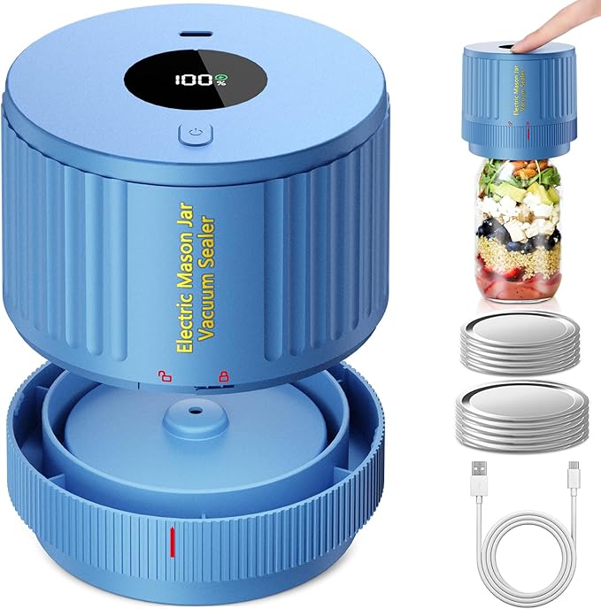 LOVE MOMENT Electric Mason Jar Vacuum Sealer Kit for Wide Mouth and Regular Mouth Mason Jar - Blue