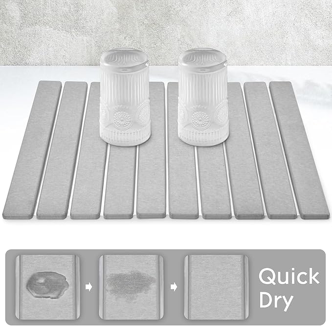 Large Stone Dish Drying Mat for Kitchen Counter – 24"(L)×16 (W) Foldable Absorbent Diatomaceous Earth Dish Drying Mats, Grey Kitchen Counter Mats for Dishes Bottles Cups, Match Any Countertop