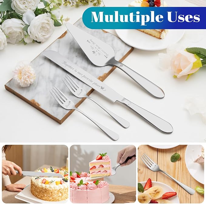 Eisinly Cake Cutting Set for Wedding, Elegant Cake Knife and Server Set with Stainless Steel Forks, Cake Cutter and Pie Spatula for Couples Wedding Registry, Engagements, Anniversary, 4 Pcs, Silver