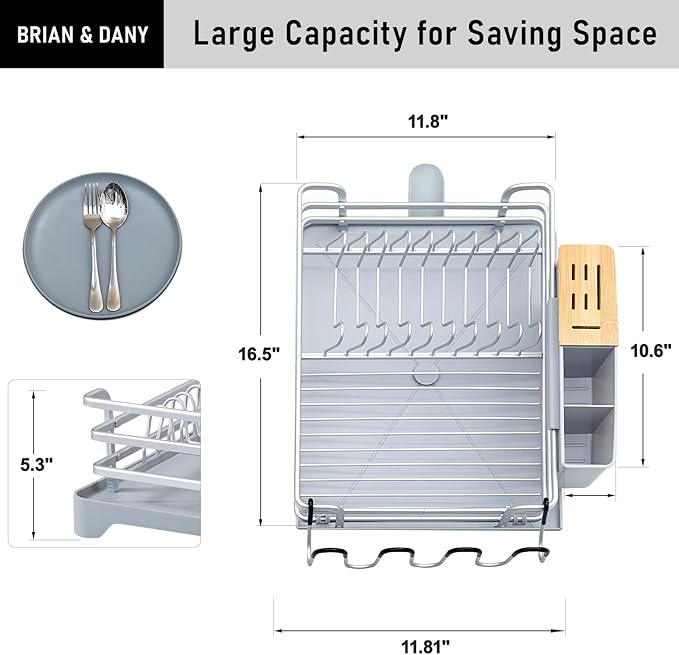 BRIAN & DANY Aluminum Dish Drying Rack, Dish Racks for Kitchen Counter, Dish Drainer with Removable Cutlery Holder & Cup Holder, 16.5" L x 11.8" W, Light Grey
