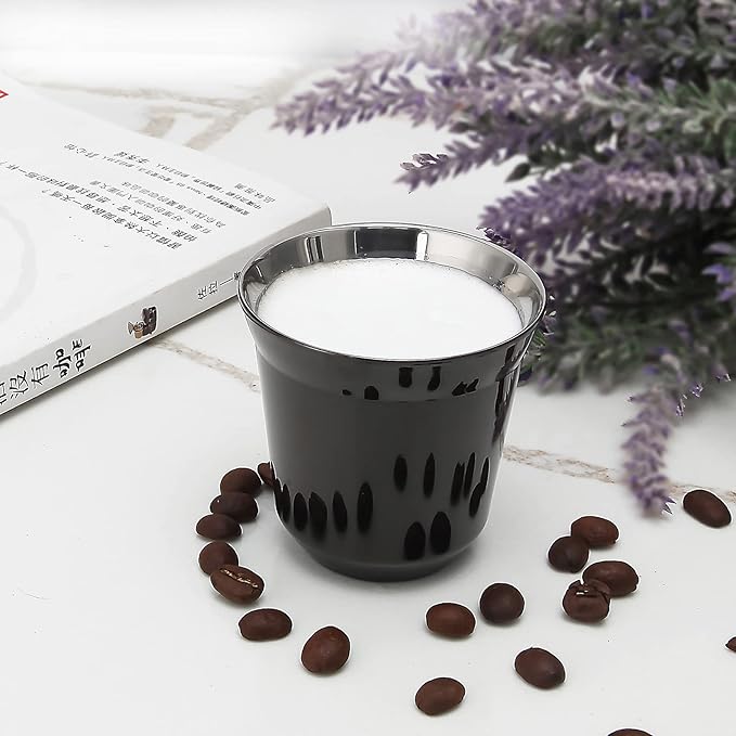 Easyworkz Stainless Steel Espresso Cup 2pcs Set Double Wall 2.5 oz, Bundled Espresso Steaming Pitcher Stainless Steel 15 oz Coffee Frothing Picther Milk Jug Cappuccino Latte Art Cup