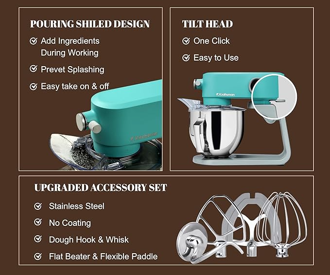 All-Metal Stand Mixer 5.3-Quart - Professional Kitchen Electric Food Mixer with Stainless Steel Mixing Bowl & Attachments for Baking, Dough & Cake, 8-Speed Control & Timer (Blue)