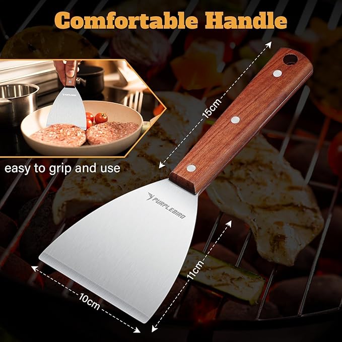 PURPLEBIRD Extra Large Grill Spatula Set Stainless Steel Smash Burger Spatula Kit, 5.5 x 5 inch BBQ Griddle Spatula and Grill Scraper, Griddle Tools, Grill Utensils for Dad