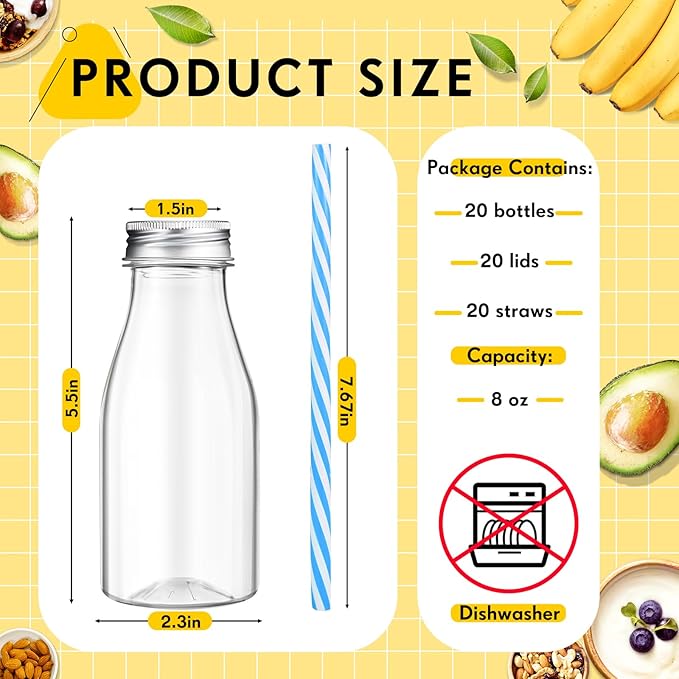 Yinkin 20 Sets Plastic Milk Bottles with Straws Lids Clear Plastic Containers for Dairy Milk Party Bottle for Juices Shakes Smoothies (8 oz,Pastel Color)