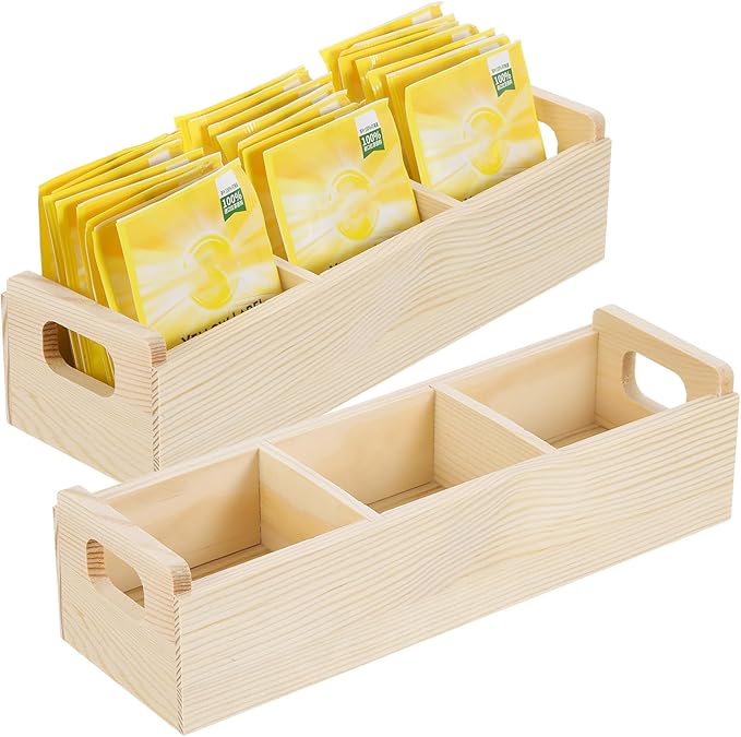 uxcell Tea Bag Organizer, 3 Compartments Pine Wood Tea Box with Handle, Tea Storage Organizer Holder for Tea Bags, Beverage Supplies Sugar Packet, Wood Color