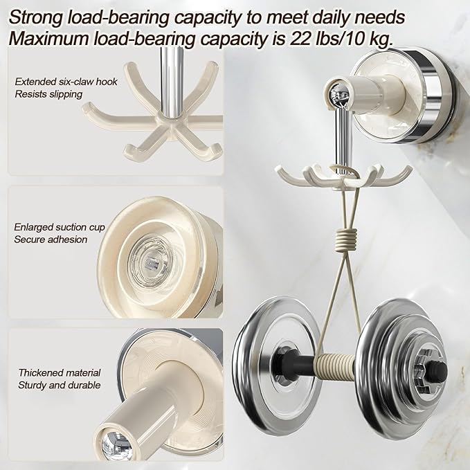 MFMYEE Kitchen Suction Cup Hook, 360 Degree Rotating Storage with Multiple Claws, Punch-Free Organizer, Shower Suction Cup with 6 Hooks (White)