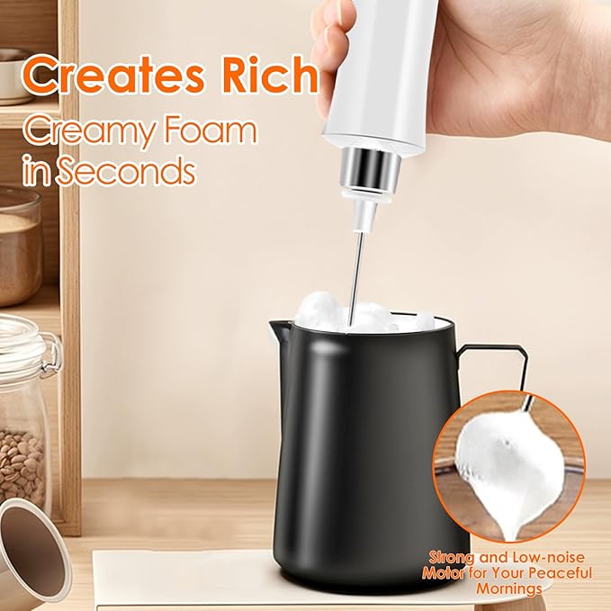 Rechargeable Milk Frother Handheld with 3 Detachable Stainless Steel Whisks, 3 Speed Adjustable Electric Whisk Foam Maker, Handheld Drink Mixer, Frother Wand for Coffee, with Storage and Charging Base