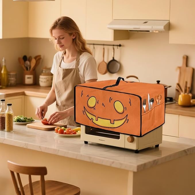 Air Fryer Toaster Oven Cover Fabric Convection Oven Cover with Pockets, Washable Small Appliance Dust Protection, L, Cartoon Pumpkin Face Pattern Halloween Decor