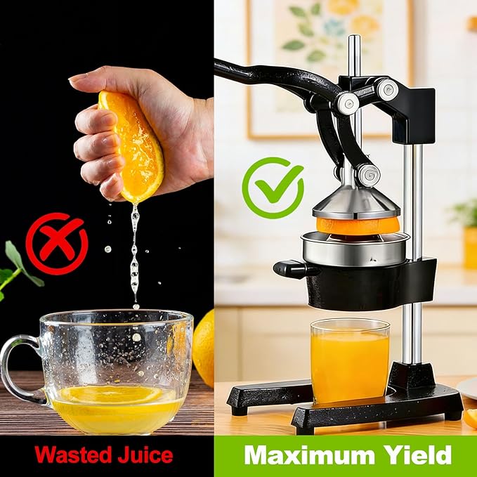 Cast Iron Citrus Juicer - 13.8LB Heavy Duty Manual Orange Press, 304 Stainless Steel Cup & Strainer, Professional Lemon Grapefruit Pomegranate Squeezer for Home Bar Kitchen, Black