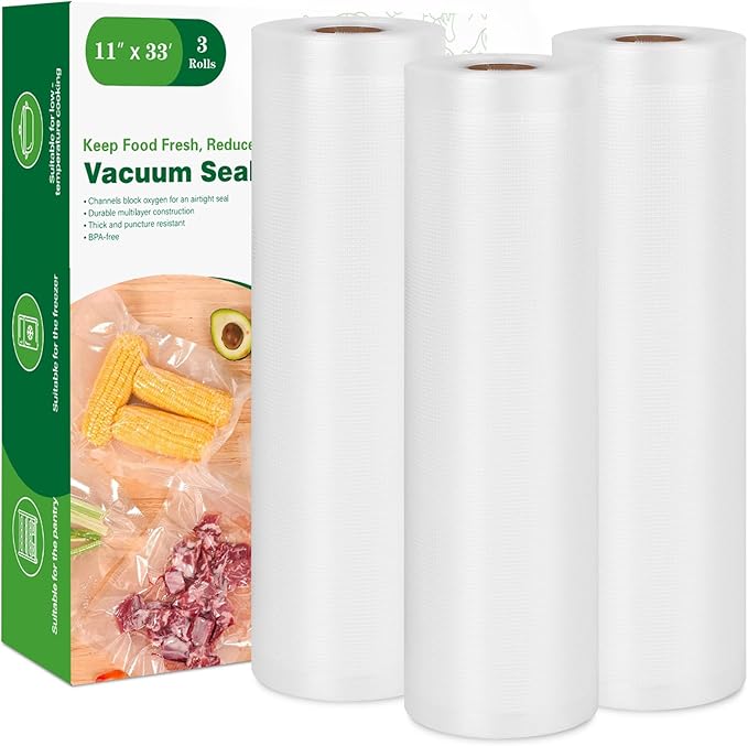 Moretoes Vacuum Sealer Bags, 3 Rolls 11" x 33' Food Vac Bags for Food Storage Saver, Commercial Grade Bag Rolls, BPA Free, Customized Size Bag for Sous Vide Cooking or Meal Prep