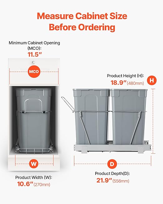VEVOR Pullout Trash Can for Kitchen Cabinets, 27QTx2 Double Under Sink Garbage Waste Recycling Bin, Under Mount Waste Container, with Heavy Duty Metal Full Extension Sliding System and Handle Grey