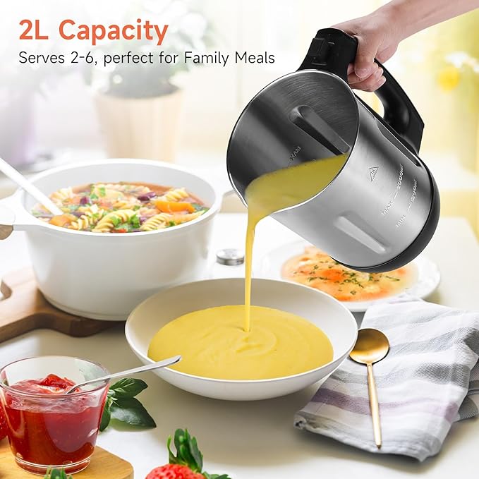 Homtone Soup Maker 2L, Makes 2-6 Servings, 6-in-1 Multifunctional Smooth and Chunky Soup Machine Cooker, Electric Bleander for Homemade Soups, Stainless Steel