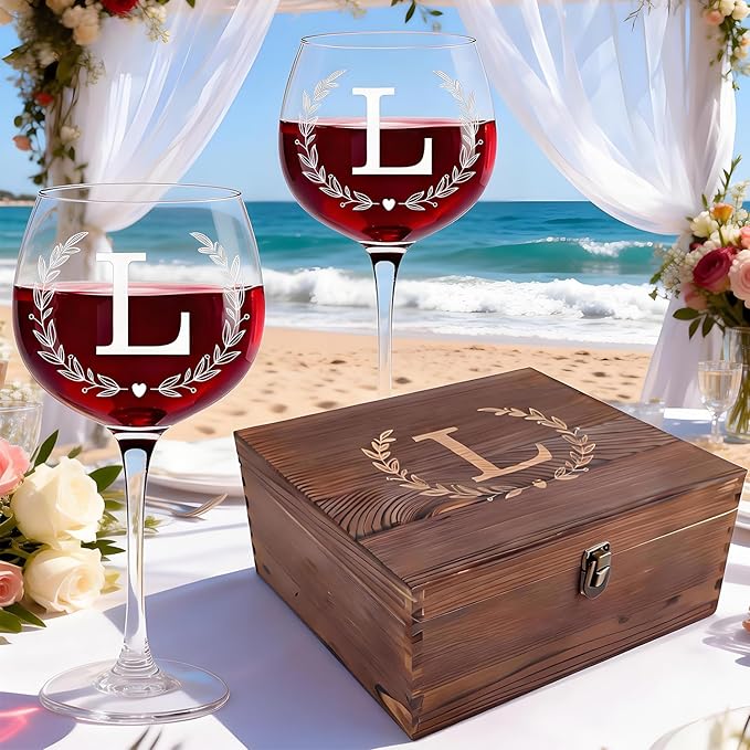GZLDGIFTS Personalized Initial Wine Glasses Box Gift Set For Women Mom Engraved Birthday Monogrammed Wooden Christmas Gifts Wedding Anniversary Wine Couples Stopper Opener Initial Letterr (L Set)