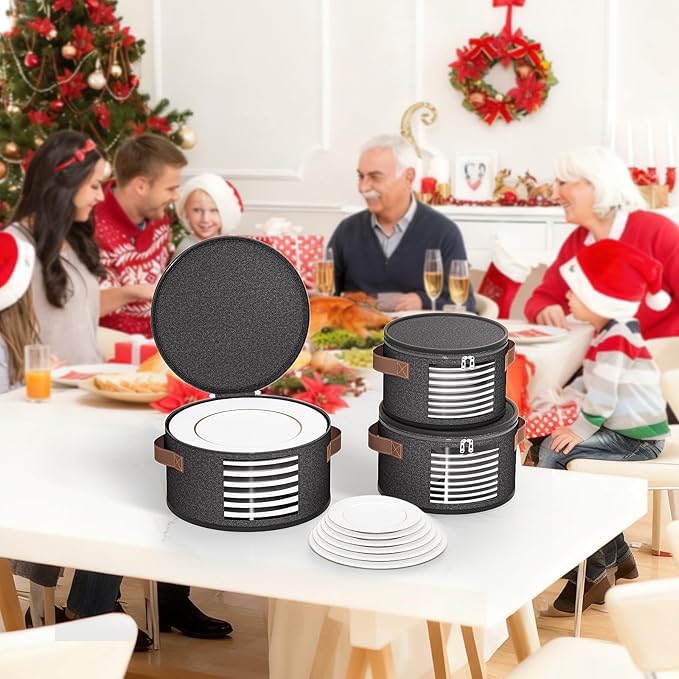 4 Piece China Storage Containers, Dish Storage Containers with Clear Windows, Hard Shell Plate Organizer with Handles, Stackable Moving Boxes for Dishes, Glassware, Dinnerware, Plates, Dark Gray