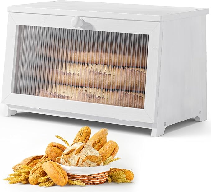 Kitsure Bread Box - Wooden Bread Box for Kitchen Countertop, Large Capacity Kitchen Countertop Organizer, Stylish Bread Storage with Window, Multi-functional Container, White, 15.0"x8.3"x9.1" (1T)