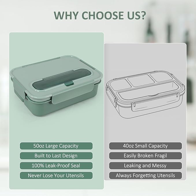 Caperci Bento Box Adult - 50 oz Large Lunch Containers for Adults and Teens, 4-Compartment Bento Lunch Box with Utensils & Leak Proof Sauce Cup, Dishwasher Safe, Durable, BPA-Free (Khaki Green)