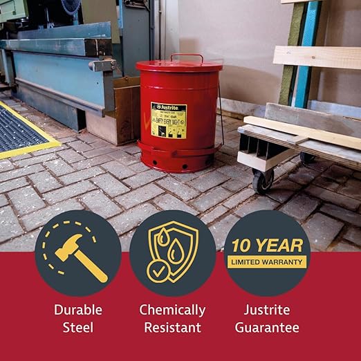 Justrite 10 Gallon Galvanized Steel Oily Waste Can, 18" x 14" Metal Oil Rag Safety Can with Quiet Foot Operated Self-Closing Lid for Oil Rag Disposal, Made in The USA, Red, 09308