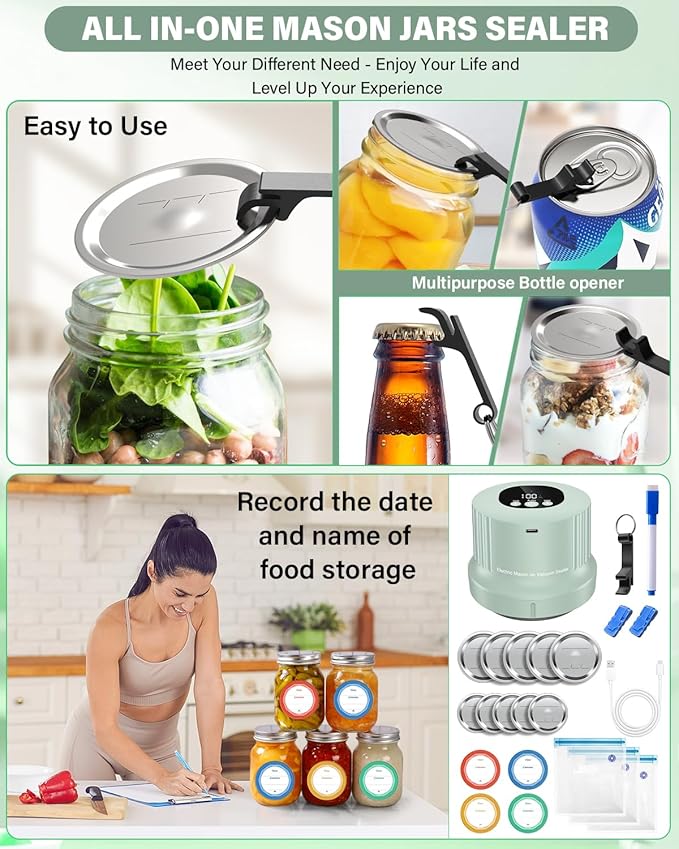 Mason Jar Vacuum Sealer Kit-Full-Automatic-Jar-Sealer-Vacuum-Sealing,3 in 1 Cordless Canning Jar Vacuum sealer with Wide&Regular Mouth Mason Lids/Reusable Vacuum Bags/Food Saver Vacuum Sealer for Jars