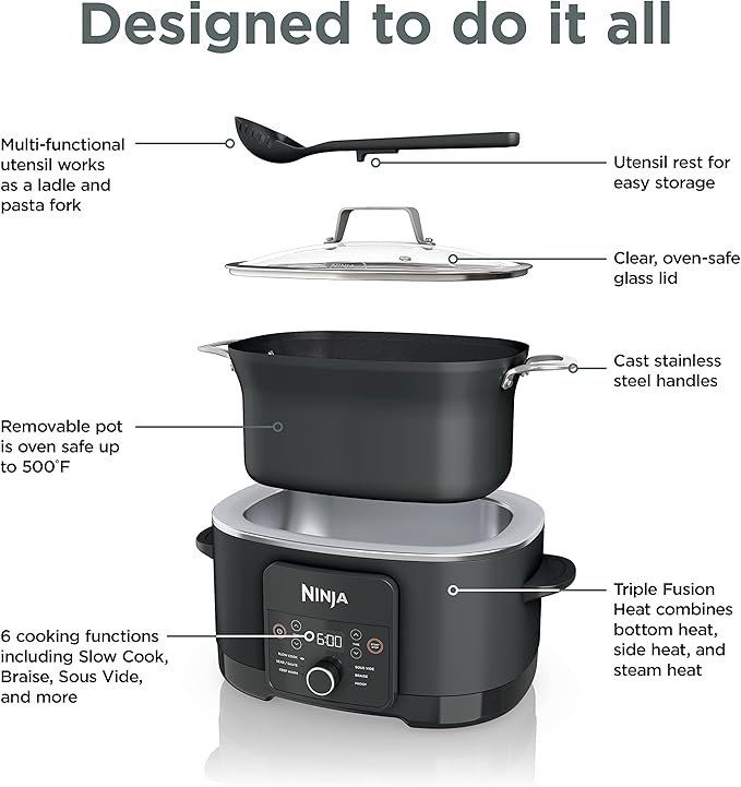 Ninja® 12-in-1 PossibleCooker™ PLUS | 8.5-qt - Sous Vide & Proof Multi-Cooker | Slow Cooker, Dutch Oven & More | Glass Lid & Integrated Spoon | Nonstick | Oven Safe Pot to 500°F | Black | MC1010