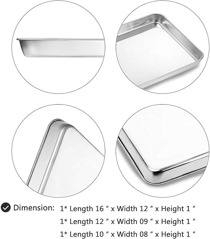 Cookie Sheet Baking Sheet Set of 3, Bastwe Commercial Grade Stainless Steel Baking Pan, Professional Bakeware Oven Tray, Healthy & Non-toxic, Rust Free & Mirror Finish, Easy Clean & Dishwasher Safe