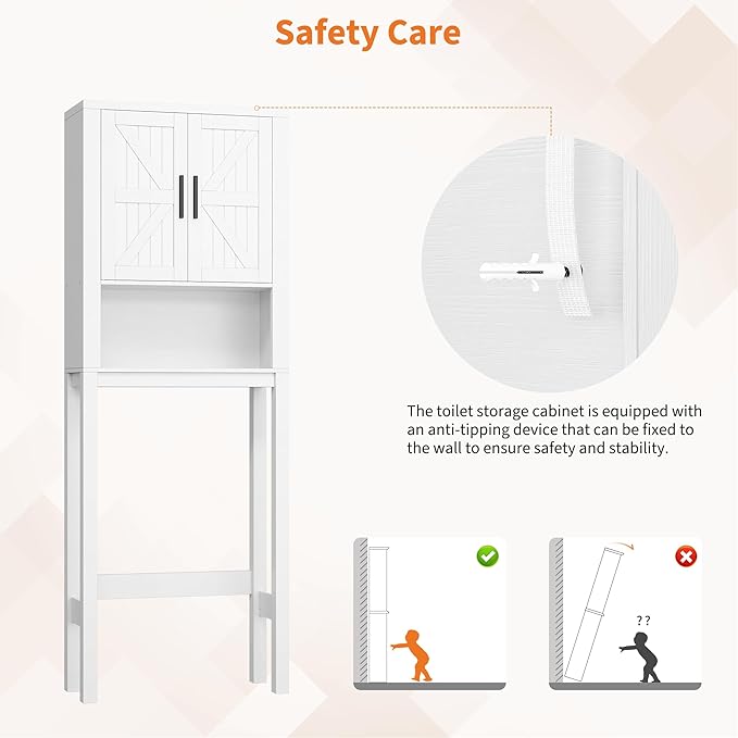 IDEALHOUSE 23.6 Inches Wide Toilet Rack with Over The Toilet Storage Cabinet, Bathroom Shelf Organizer with Anti-Tip Device, Small Freestanding Space Saver with Adjustable Shelf (White 23.6" W)