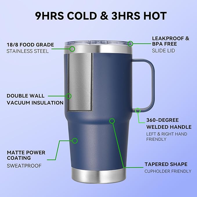 20 oz Stainless Steel Tumbler with Handle Bulk Metal Insulated Tumblers Travel Coffee Mug with Handle Double Wall Tumbler Cup with Lid and Straw, Navy 6 Pack