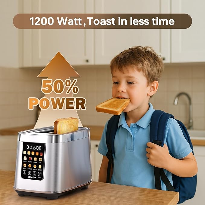 Mecity Motorized Toaster 2 Slice with Touch Screen, Stainless Steel Smart Toaster, 8 Bread Types, 5 Shade Levels, 1200W High Power, Keep Warm Mode, Reheat Defrost Functions, 120V
