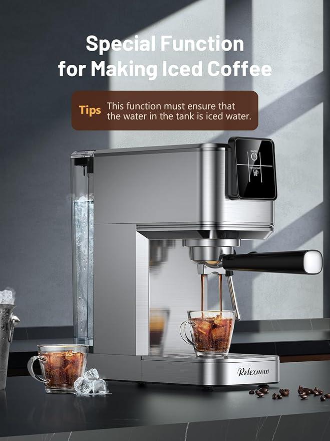 RELEXNOW Espresso Machine, 20 Bar Espresso Maker Milk Frother & LCD Panel, Hot & Iced with Rapid Cold Brew, Stainless Steel Espresso Coffee Machine with 41oz Water Tank for Cappuccino, Latte
