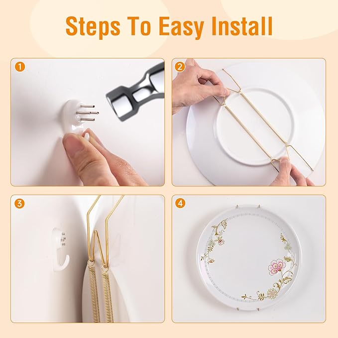 3 Pack Plate Hangers for The Wall, Suitable for 16-20 inch Art Plate, Stainless Steel Invisible Heavy Duty Wire Plate Holder with Wall Hooks, Plate Hangers for Displaying Plates, Platter, Dish, Gold