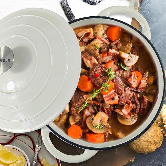 5 Quart Enameled Cast Iron Dutch Oven, Heavy-Duty Round Cookware Pot with Lid and Dual Handles for Sourdough Bread Baking, Braising, Soups and Stews, Used for All Stoves