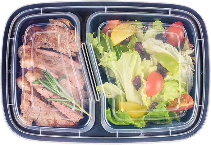 Asporto 32 Ounce Compartment Take Out Boxes, 50 Microwavable Meal Prep Containers - 2 Compartments, With Clear Plastic Lids, Black Plastic Food Containers, Do Not Contain BPA - Restaurantware