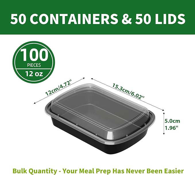 Meal Prep Containers, 50 Pack 12oz (100-Piece) Disposable Take Out Food Storage Containers with Leakproof Lids, Reusable Plastic To Go Lunch Boxes, BPA Free, Microwave/Dishwasher/Freezer Safe