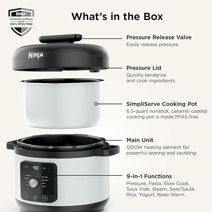 Ninja HyperHeat 9-in-1 6.5-qt Pressure Cooker | Steams, Slow Cooks, Sears, Sautés, Sous Vide, Yogurt & More | With SimpliServe Pot | Powerful 1200-Watt | White | PC201WH