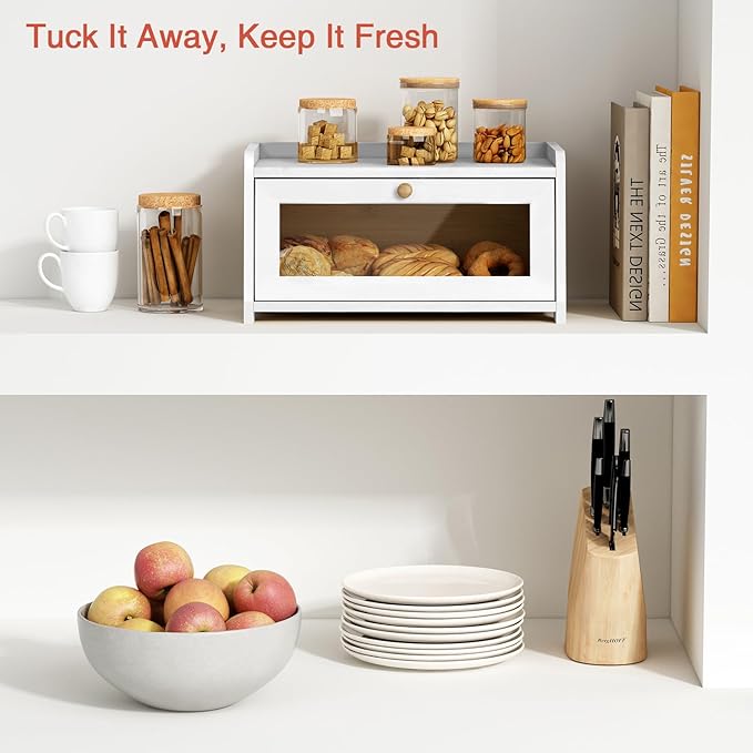 Goozii White Bread Box for Kitchen Countertop, Modern Counter Breadbox for Homemade Bread, Large Corner Bread Storage Container for Sourdough Loaf Organizers and Storage (White Bamboo Wood)