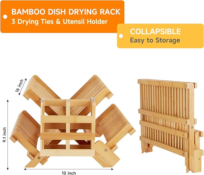 Bamboo Dish Drying Rack, 3-Tier Collapsible Wooden Dish Rack with Utensil Holder, Bamboo Dish Drainer Rack for Kitchen Counter 25pcs